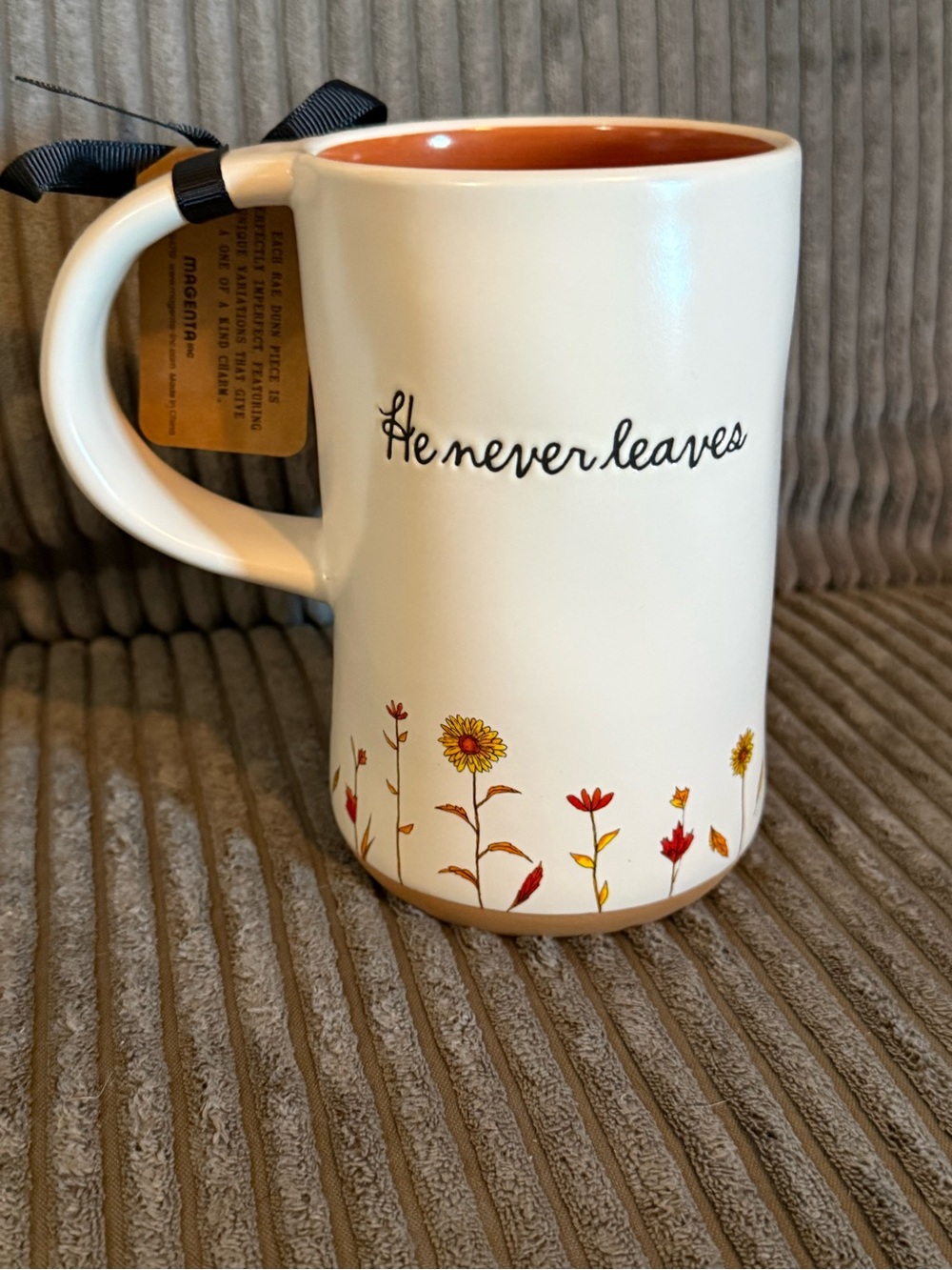 Rae Dunn White Ceramic Mug with Orange Interior and Autumn Floral Accents - Picture 2 of 6